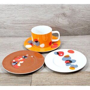 Miam-Miam Stone Series 1 Coffee Tea Mug 3 Saucer Lot Red Orange Brown Porcelain